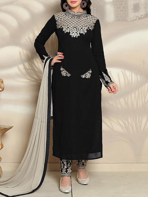 black georgette semi-stitched straight pant suit - 14385901 - Very Small Image - 1