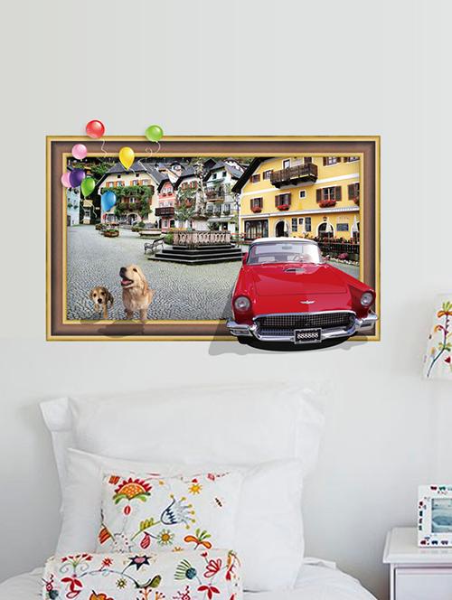 red car and dog 3d theme wall stickers - 14391442 - Standard Image - 1