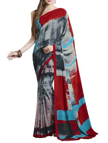 Grey printed saree with blouse - 14394048 - Very Small Image - 1