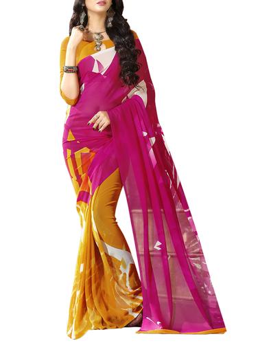 Pink & yellow printed saree with blouse - 14394063 - Very Small Image - 1