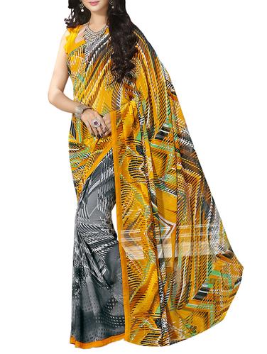 Yellow & grey printed saree with blouse - 14394065 - Very Small Image - 1