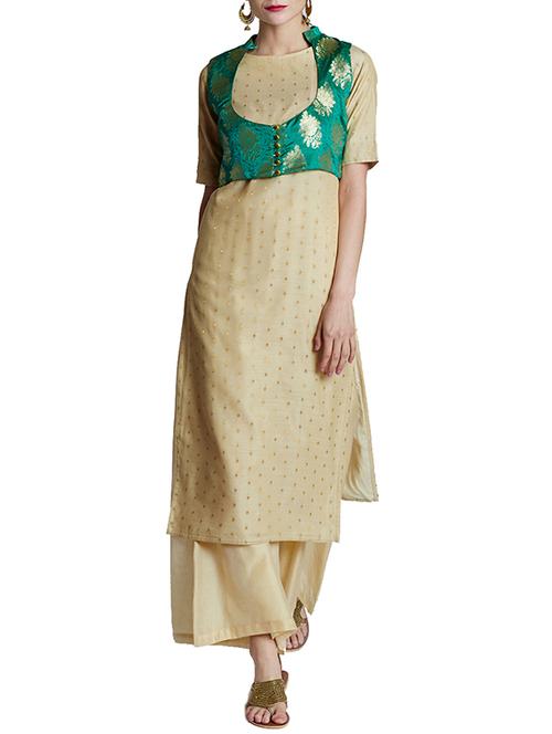 beige kurta palazzo set - 14394138 - Standard Image - 1
