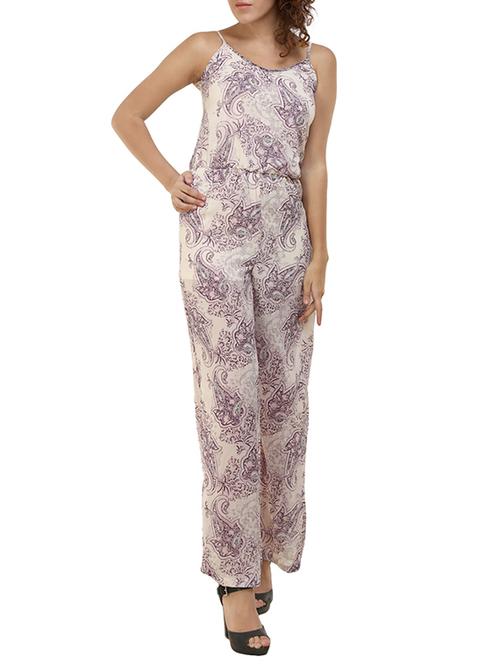 beige printed full leg jumpsuit - 14395024 - Standard Image - 1