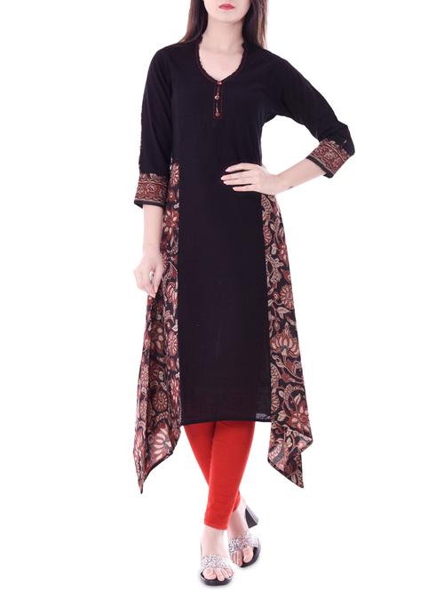 black cotton asymmetric kurta - 14396296 - Standard Image - 1