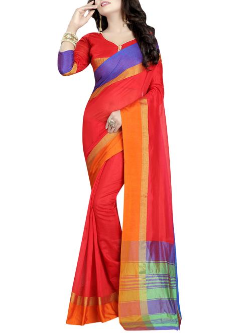 red cotton silk bordered saree with blouse - 14397879 - Very Small Image - 1