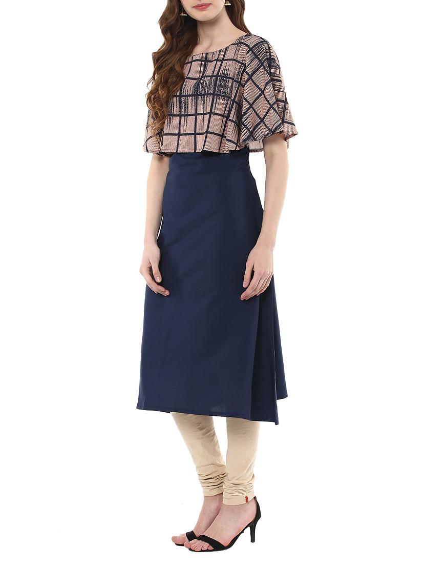 blue crepe a-line kurta - 14398220 - Zoom Image - 2