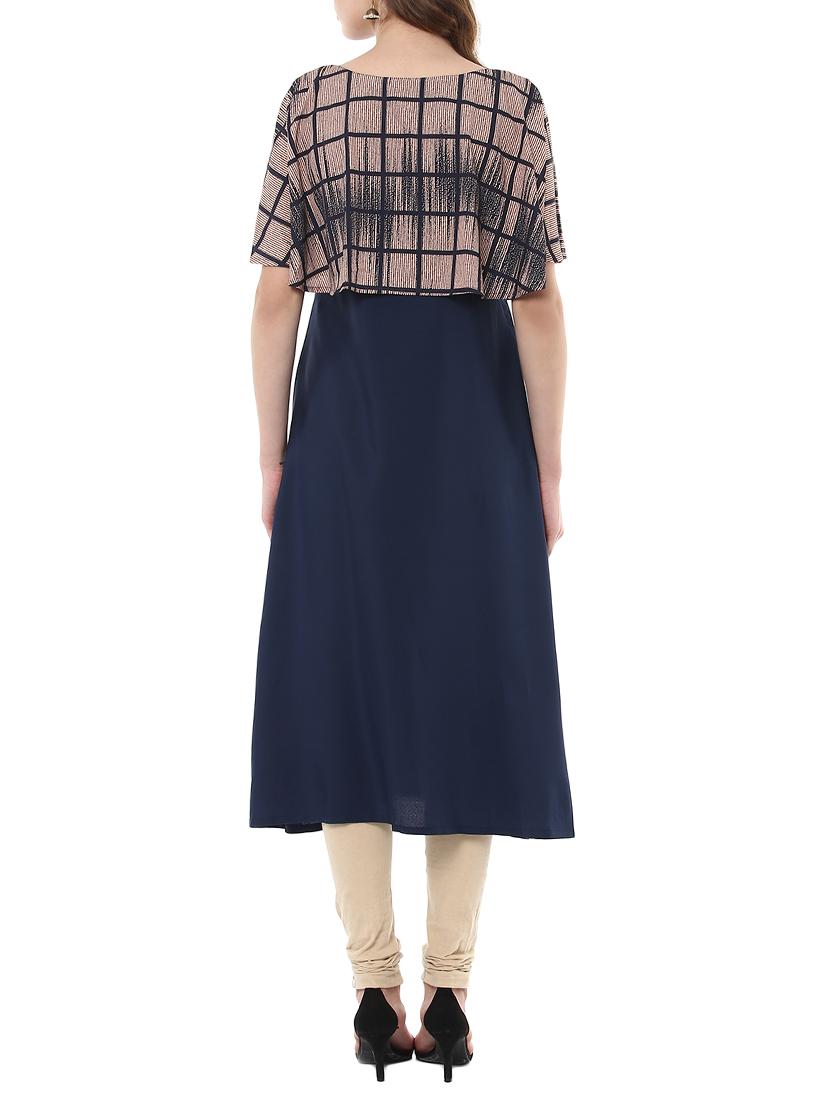 blue crepe a-line kurta - 14398220 - Zoom Image - 3