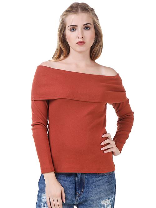 brown cotton lycra off shoulder pullover - 14398266 - Standard Image - 1