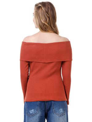 brown cotton lycra off shoulder pullover - 14398266 - Standard Image - 3