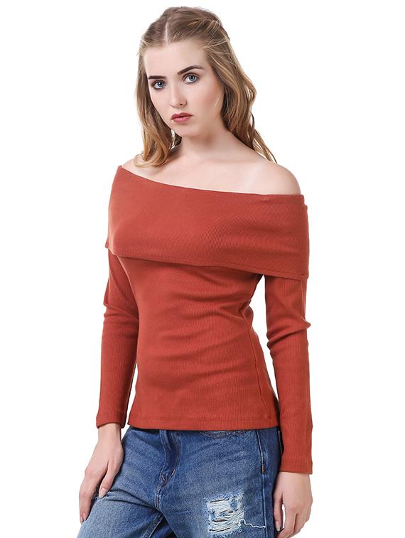 brown cotton lycra off shoulder pullover - 14398266 - Zoom Image - 2