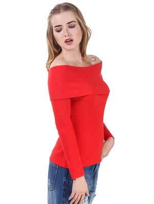 red cotton lycra off shoulder pullover - 14398267 - Standard Image - 2