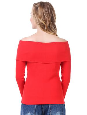 red cotton lycra off shoulder pullover - 14398267 - Standard Image - 3