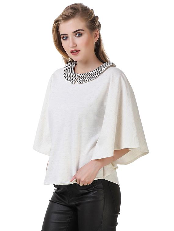 flared sleeved cut work detail collared top - 14398269 - Zoom Image - 2