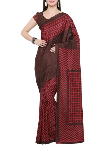 brown printed tussar silk saree with blouse - 14398636 - Very Small Image - 1