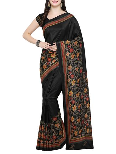 black printed tussar silk saree with blouse - 14398645 - Very Small Image - 1