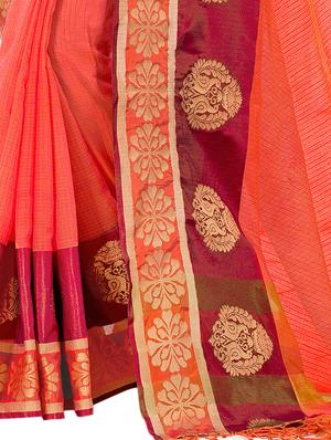 peach bordered saree with blouse - 14400751 - Standard Image - 2