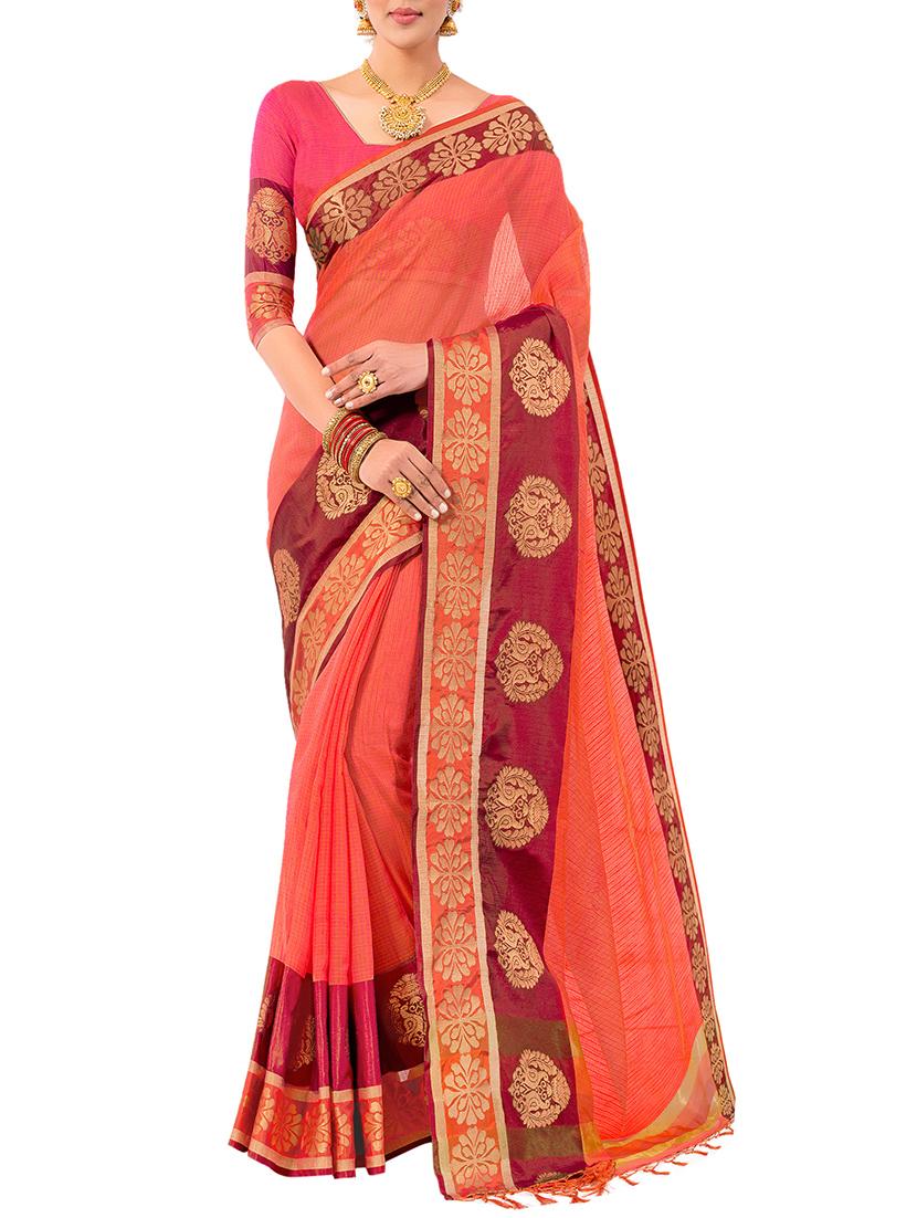 peach bordered saree with blouse - 14400751 - Zoom Image - 1