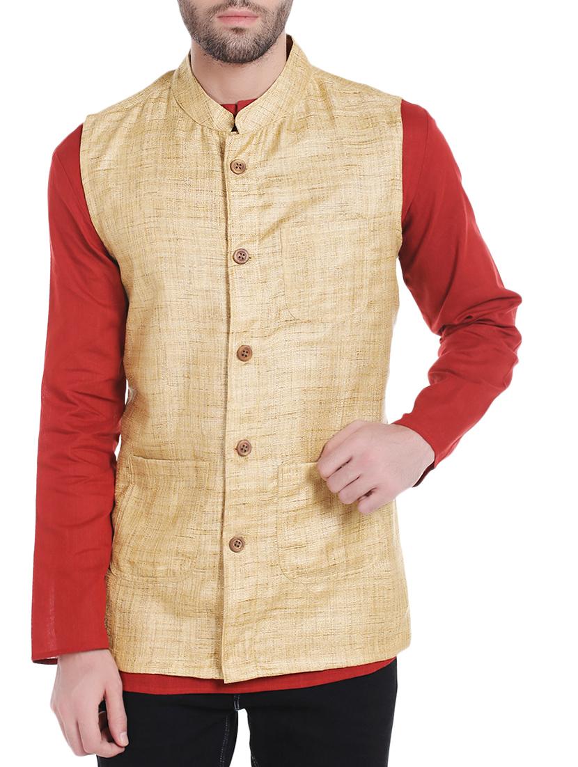 beige silk blend nehru jacket - 14401068 - Zoom Image - 1