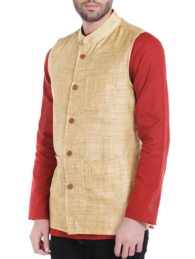 beige silk blend nehru jacket - 14401068 - Zoom Image - 2