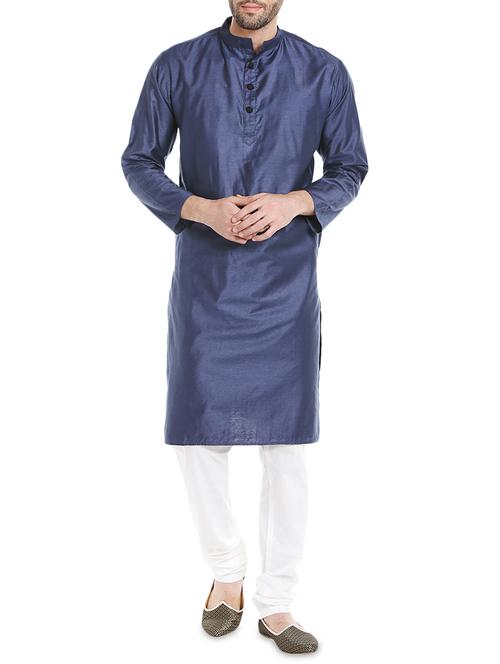 blue silk blend long kurta - 14401073 - Standard Image - 1