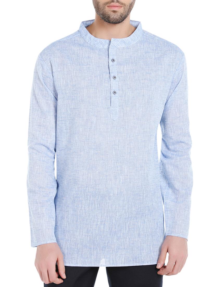 blue linen short kurta - 14401079 - Zoom Image - 1