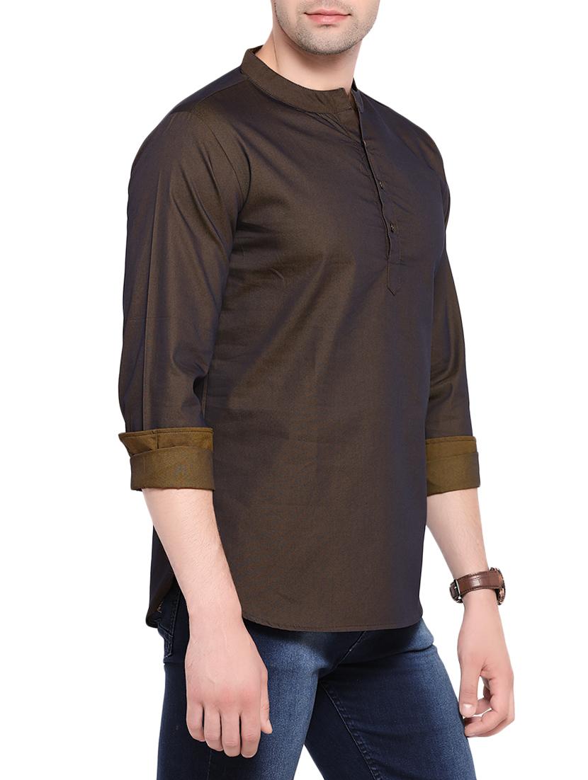 brown cotton short kurta - 14401082 - Zoom Image - 2