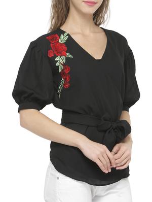 black puff sleeved wrap top - 14402458 - Standard Image - 2