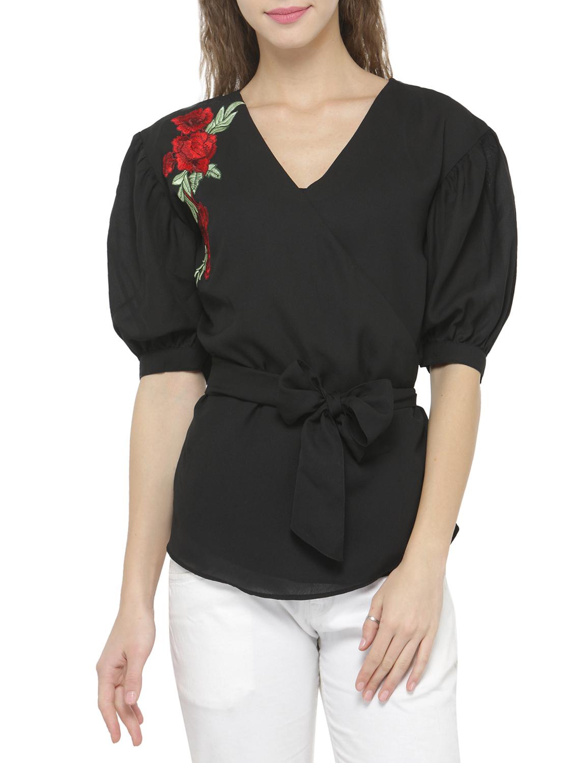 black puff sleeved wrap top - 14402458 - Zoom Image - 1