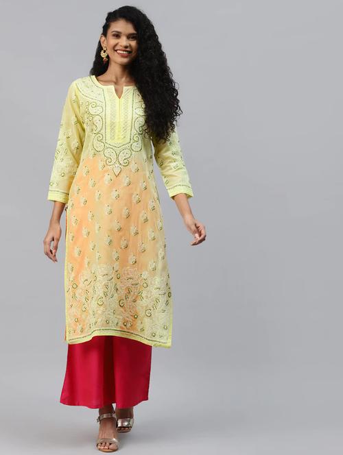 ada yellow cotton straight kurta - 14412252 - Standard Image - 1