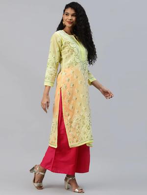ada yellow cotton straight kurta - 14412252 - Standard Image - 2