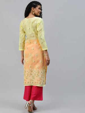 ada yellow cotton straight kurta - 14412252 - Standard Image - 3
