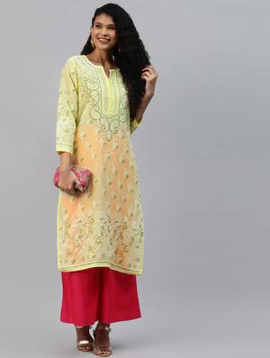 ada yellow cotton straight kurta - 14412252 - Standard Image - 4