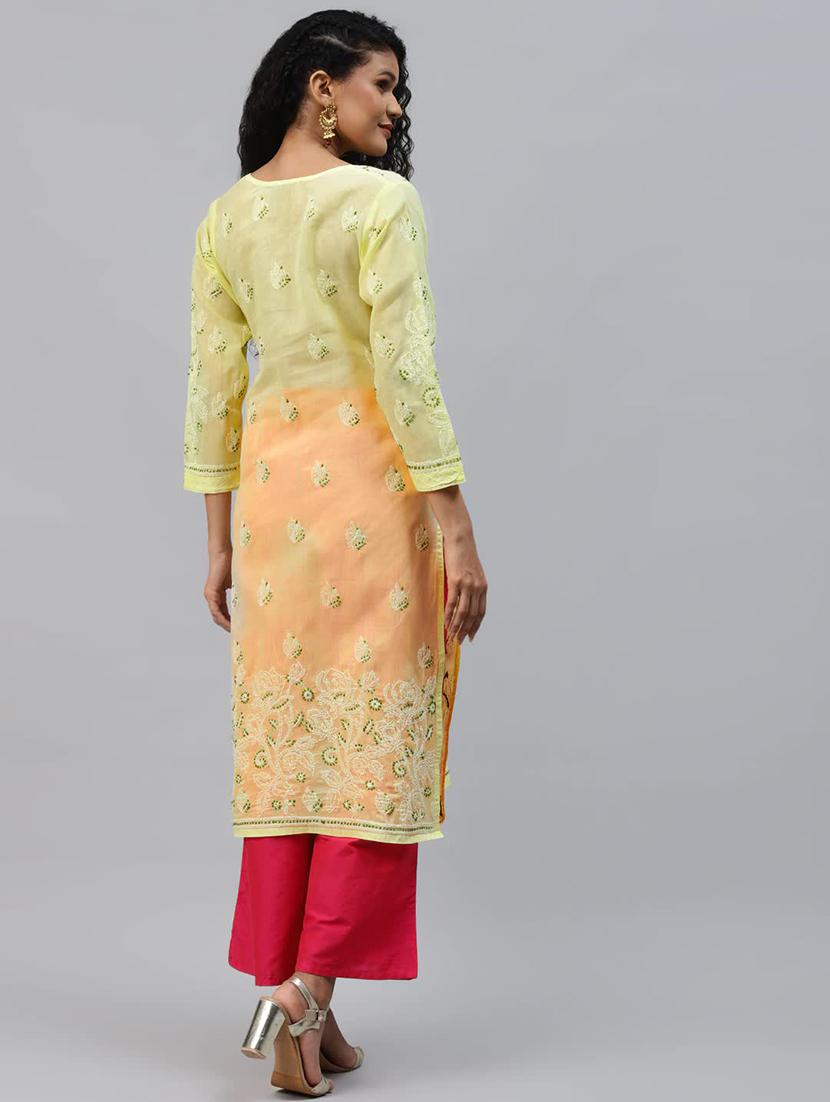 ada yellow cotton straight kurta - 14412252 - Zoom Image - 3