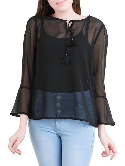 sheer flute sleeved tasseled tie top - 14412494 - Standard Image - 1