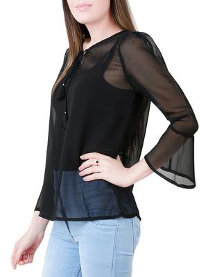 sheer flute sleeved tasseled tie top - 14412494 - Standard Image - 2