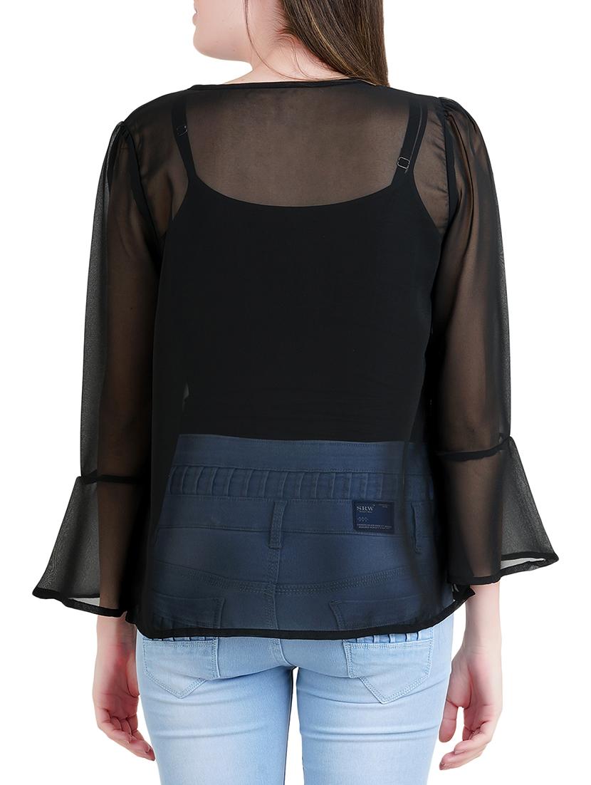 sheer flute sleeved tasseled tie top - 14412494 - Zoom Image - 3