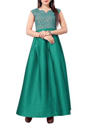 green silk blend semi-stitched gown - 14413548 - Standard Image - 1