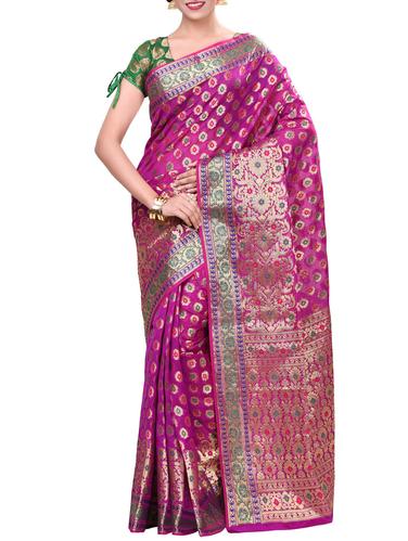 magenta cotton blend banarasi saree with blouse - 14414391 - Very Small Image - 1