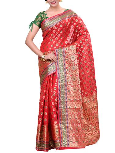 red cotton blend banarasi saree with blouse - 14414392 - Very Small Image - 1