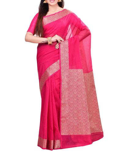 pink cotton blend bordered saree with blouse - 14414419 - Very Small Image - 1