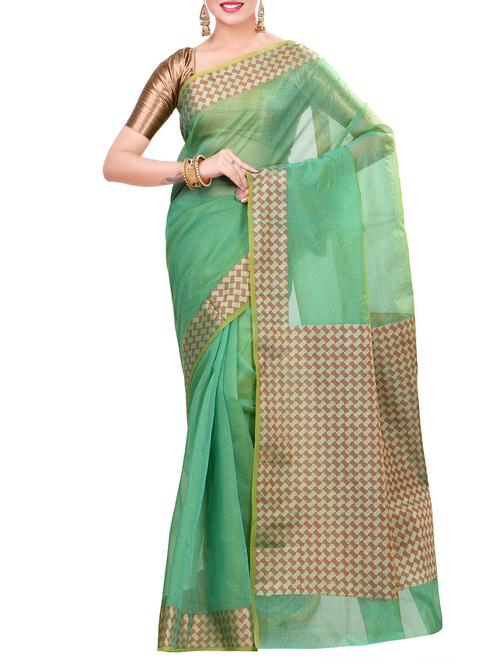 green cotton blend banarasi saree with blouse - 14414426 - Very Small Image - 1
