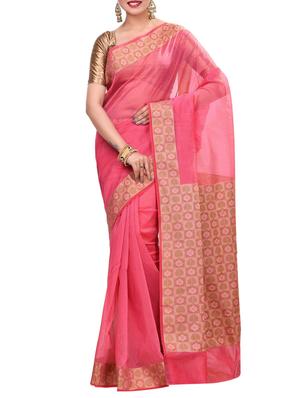 peach cotton blend bordered saree with blouse - 14414436 - Standard Image - 1