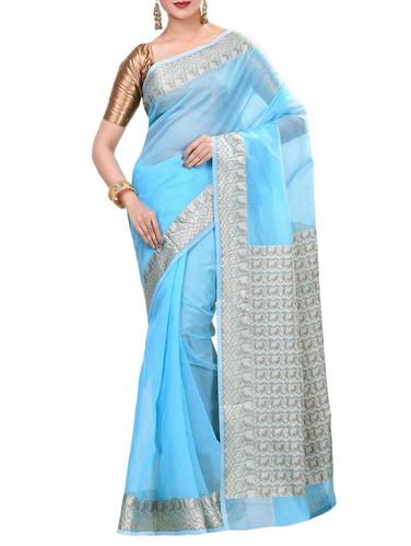 zari border sky blue handloom saree with blouse - 14414443 - Very Small Image - 1