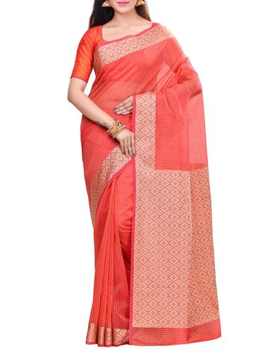 orange cotton blend banarasi saree with blouse - 14414446 - Very Small Image - 1