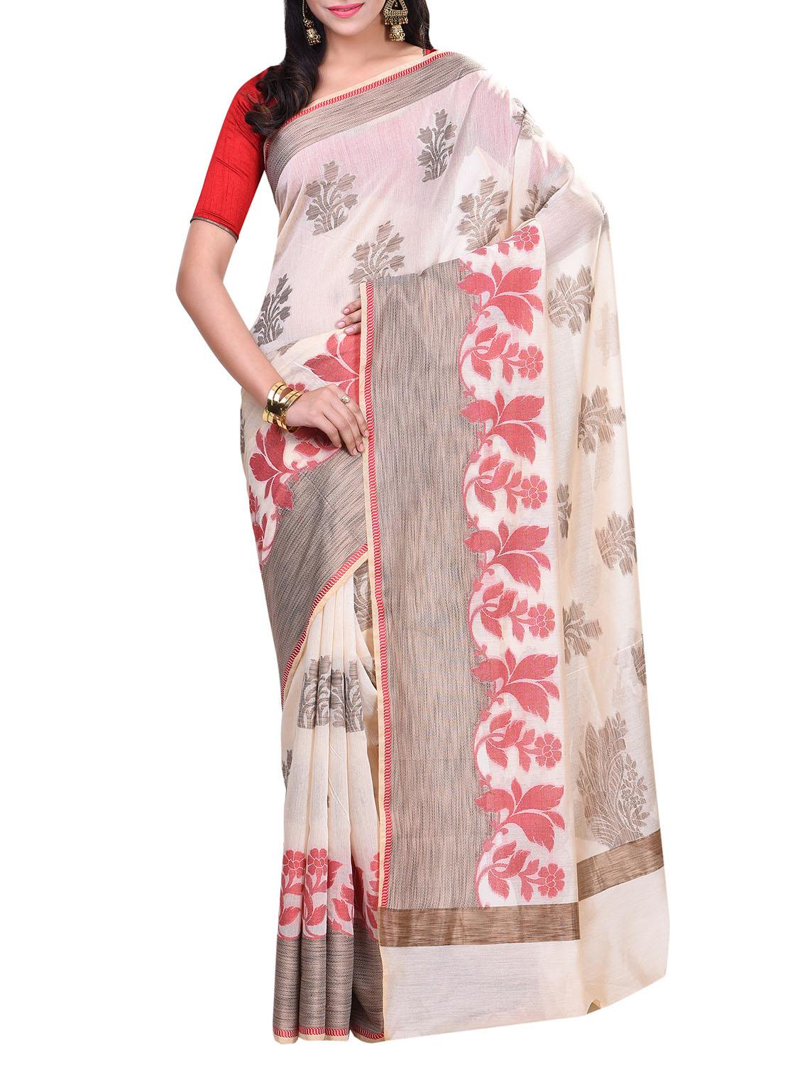 cream cotton blend bordered saree with blouse - 14414470 - Zoom Image - 1