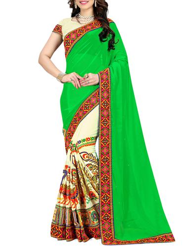 green & white half and half saree with blouse - 14416375 - Very Small Image - 1