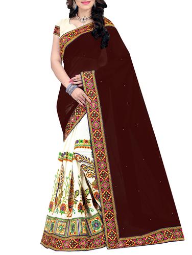 brown & white half and half saree with blouse - 14416376 - Very Small Image - 1
