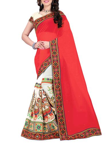 red & white half and half saree with blouse - 14416377 - Very Small Image - 1