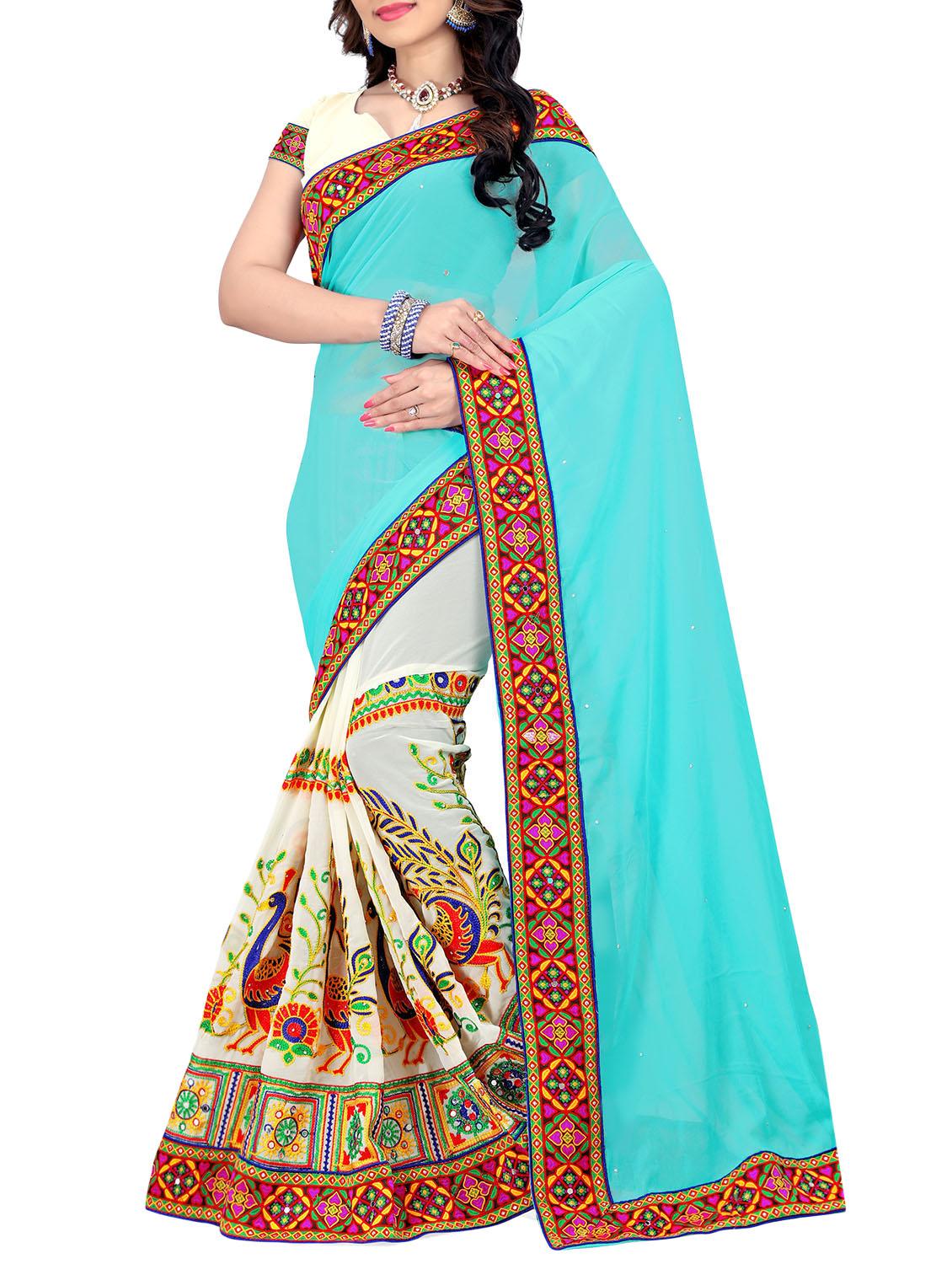 Turquoise and blue half & half saree with blouse - 14416382 - Zoom Image - 1