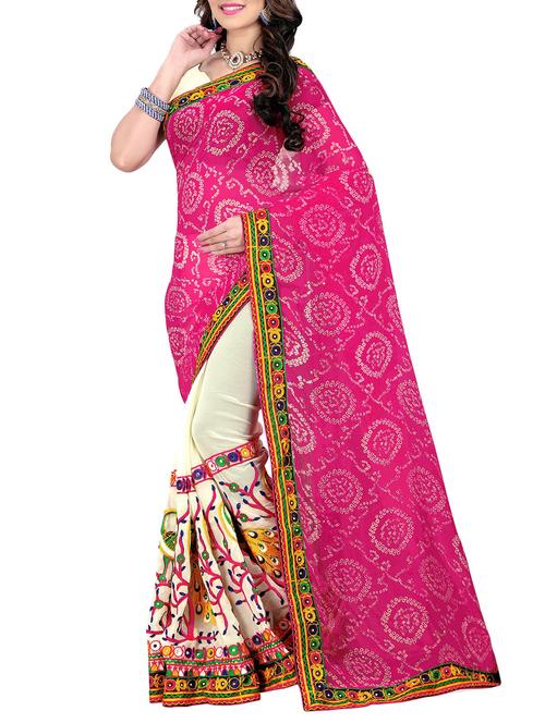 pink & wihte half and half saree with blouse - 14416385 - Standard Image - 1